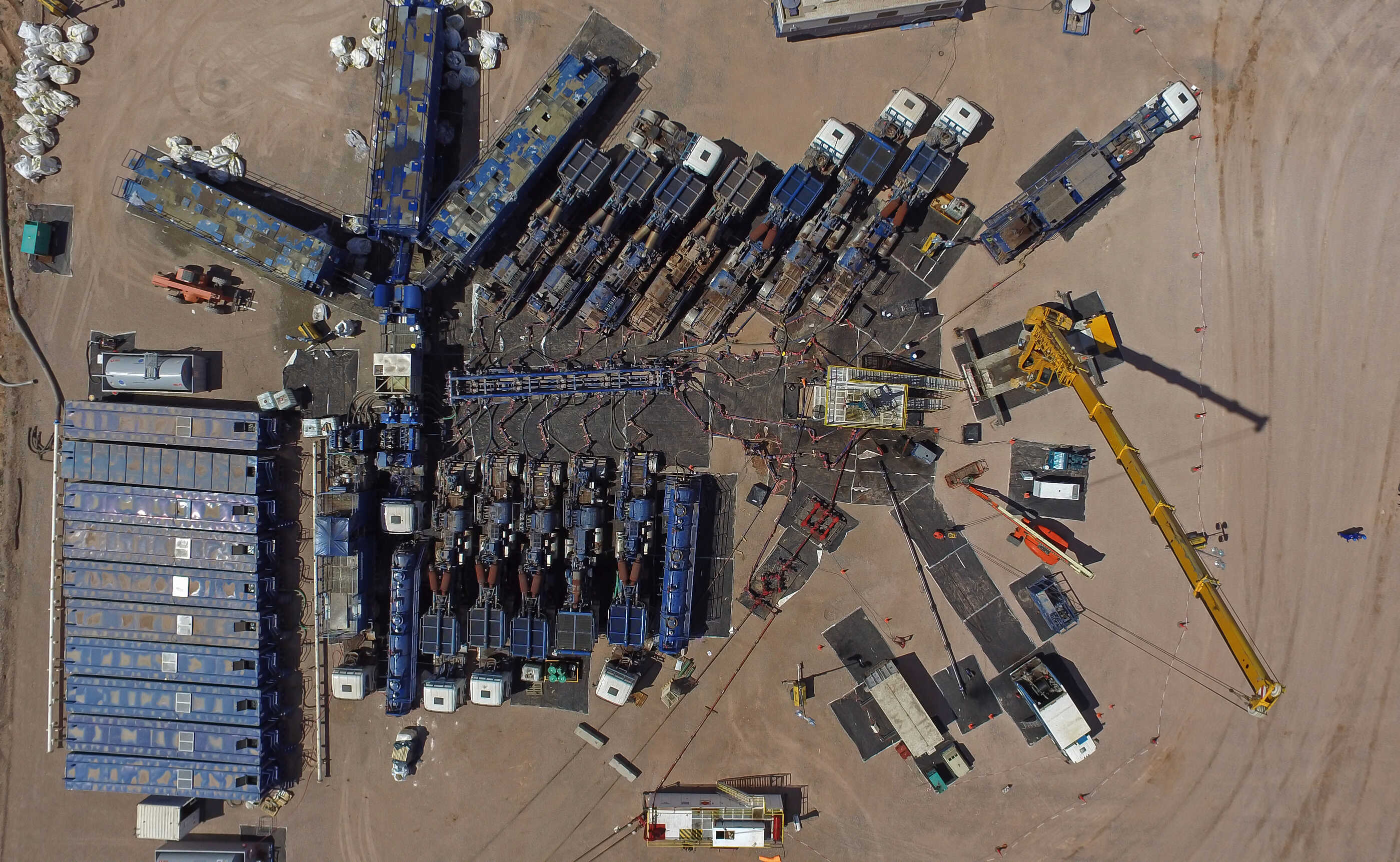 Aerial photo of hydraulic fracturing equipment. (Fracking)